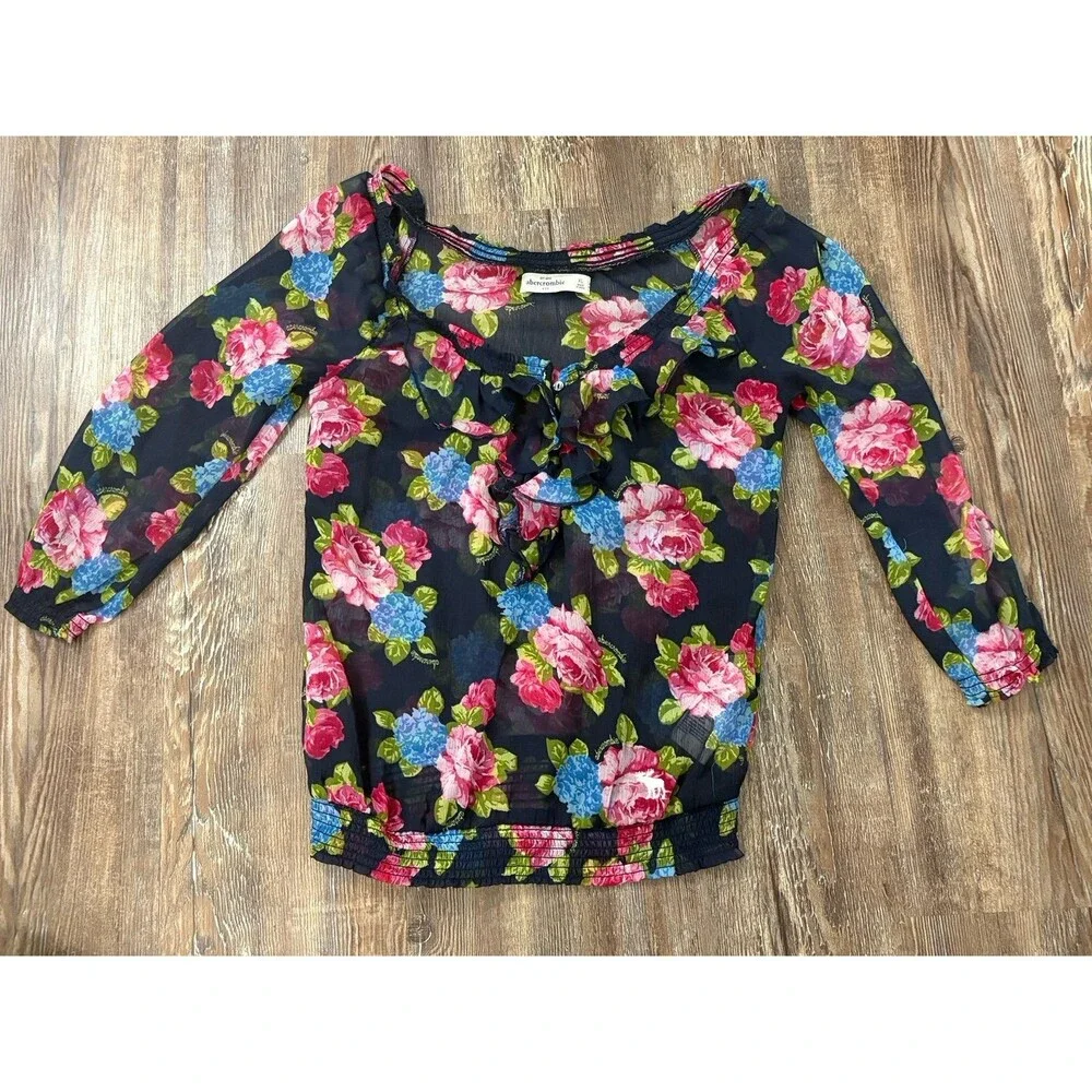 Abercrombie Kids Floral Ruffle Sheer Stretch Blouse Size XL Preppy Cute Summer